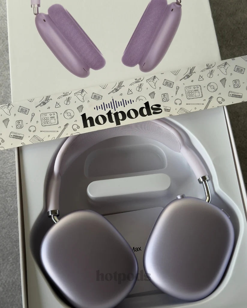 Purple earbuds in a clear case with 'hotpods' branding on a box.