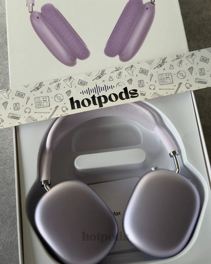 Purple earbuds in a clear case with 'hotpods' branding on a box.
