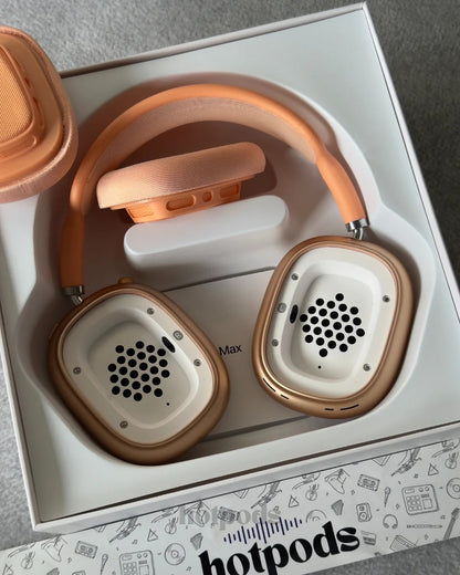 Pair of headphones with a white box featuring the brand 'hotpods'.